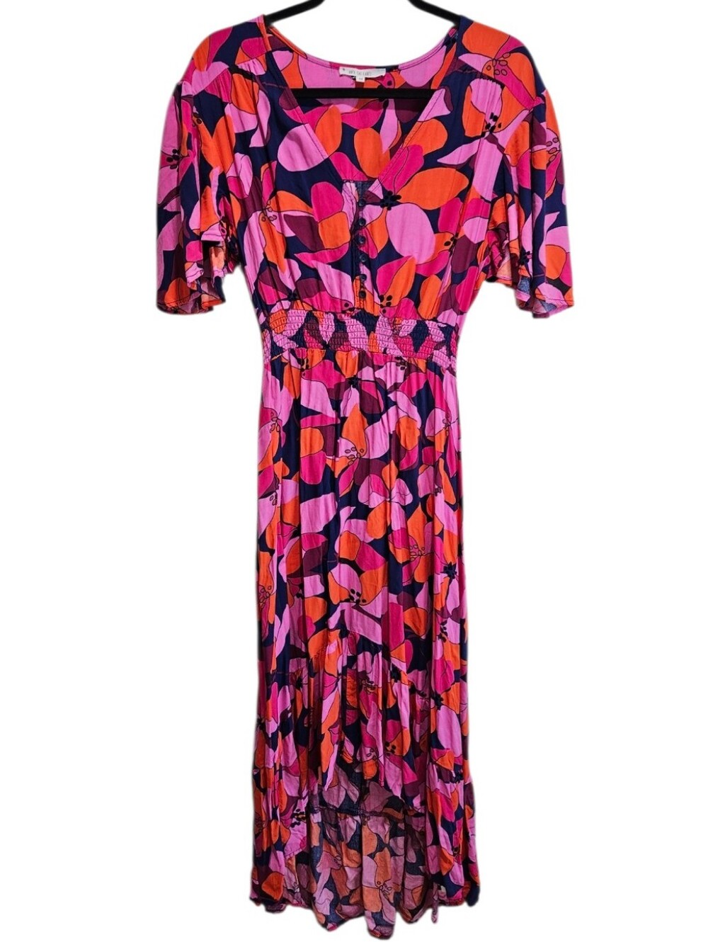 Abel The Label Floral Pink & Orange Long Maxi Dress Smocked Waist Flutter Sleeve